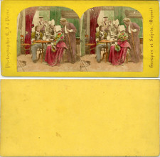 Stéréo, scène dans un café, jeu, billard vintage albumen stereo card, Tirage a