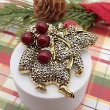 VTt Red Enamel Black Marcasite Rhinestone Santa Christmas Squirrel Gold Tone Pin