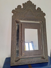 Antique Carved Engraved Brass Parlock Mirror with Chest, Wooden Cabinet. 