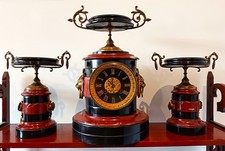 ANTIQUE FRENCH MARBEL MANTEL CLOCK GARNITURE / SET.