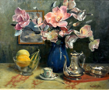 Antique Still Life Flowers Painting Signed Edouard Duranton Art Deco 1930