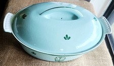 Vintage Dru Holland Enamel Cast Iron Green Tulip Oval Dutch Oven 3 Quart