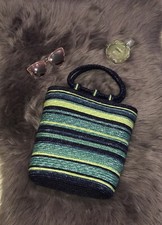 Faded Glory Straw Bag Purse Purple/Blue/Teal/Green Stripes 12"w by 13"h EUC EE