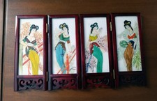 Paravent miniature chinois en pierre – Peint à la main – 4 panneaux recto/verso