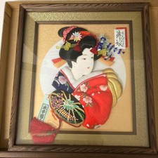 Art mural traditionnel japonais Bijinga avec broderie, éventail, cadre -...