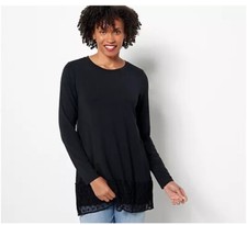 LOGO By Lori Goldstein Rayon 230 Top Broomstick Mesh Hem Size XXS Black NEW