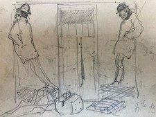 Beau Dessin Crayon Sur Papier XIXe Hippolyte BELLANGÉ Homme Train Wagon Ancien