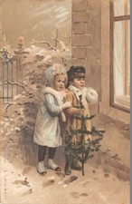 Fancy Card - Little Girls in the Snow Holding a Fir Branch 