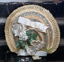 ANTIQUE STRAW HAT FOR DOLL ANTIQUE BOUQUET FLOWERS TRIM