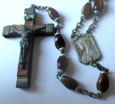 Antique Rosary Crucifix Silver Medal Natural Beads Jumper Necklace 4 