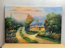 Original Oil Painting S. Hofner Signed Vintage Cottage Flowers Sunset
