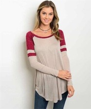 Wine Taupe Burnout Tissue Sheer Long Sleeve Tunic Baseball Football Jersey Top L