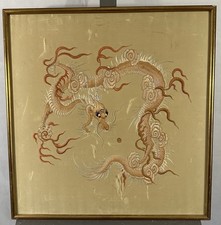 Antique China Silk Embroidered Fabric 19th - 20th Century: Dragon in Pursuit of the Pearl
