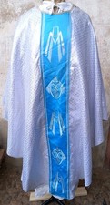 Chasuble Prêtre Vêtement Liturgique Religion Catholique Ave Maria Blanc Bleu