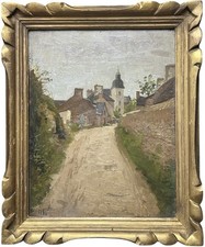 Cityscape Landscape Original Antique Oil Painting, French Town, Framed, Signed