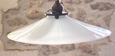 Vintage French opaline white glass coolie light shade ceiling + brass fittings