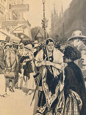 Very beautiful watercolor painting 1920 Art Deco travel street Marseille canebiere ink