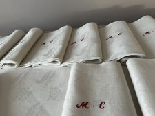 1920 Damask Linen Partridge Hunting Monogram Tablecloth 12 Towels