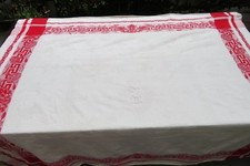 Antique GM Damask COTTON White and Red Embroidered Tablecloth 135cm X 120cm