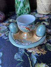 Service Coquetier  Sel Poivre Japon Porcelaine Nacrée Fleur Oiseau