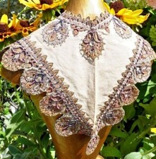 ANTIQUE NÎMES CANVAS COLLAR INDIAN PRINT EMBROIDERED PEARLS 19th century