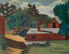 Peinture À L'Huile 20E Siècle Paysage Avec Maisons Anonyme 26,5 X 34,7 Cm