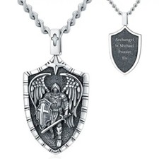 MLD 925 Sterling Silver Saint St Michael Shield Pendant Necklace - Curb Chain