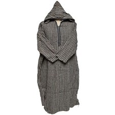 Djellaba À Capuche En Laine Mélangée Rayée Marron Beige De Longueur 3/4