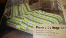 parure de lit 2 pers housse couette + taies "rayures vertes" 240 x 220 cm, neuve