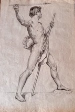 Dessin Ancien Au Crayon Homme Nu A La Lance Et Au Bâton