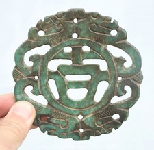 4" chinois naturel vert Jade sculpter Double Dragon Yu Bi amulette pendentif