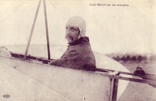 Old postcard aviation aviator Louis Bleriot on his monoplane