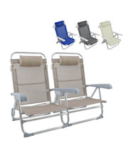 2 pièces Chaise de Plage Transat Aluminium avec Coussin Inclinable en Textilène