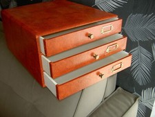 Meuble Métier rangement 3 tiroirs en bois recouvert faux cuir - Vintage MERCERIE