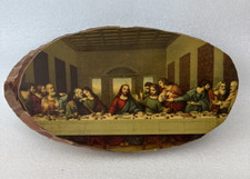 Vintage Bark Edge Wood Log Slab Plaque Wall Art Last Supper Decoupage 12"x6"
