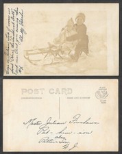 Old Real Photo Postcard - Children on Sled, Toboggan