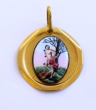 Médaille Emaillée Saint Sebastien peinte main cadre bronze doré 1920 Tres Rare