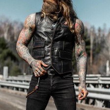 Men's Black Distressed Biker Vest Genuine Lambskin Leather Vintage Moto