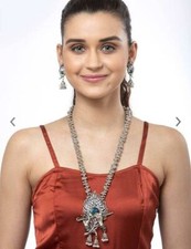 Plume de paon oxydé Ghungroo ensemble de bijoux indien ethnique Long...