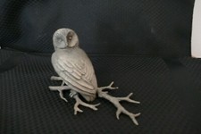 VINTAGE MICHEL LAUDE ETAIN PEWTER SCULPTURE OWL ON TREE BRANCH 