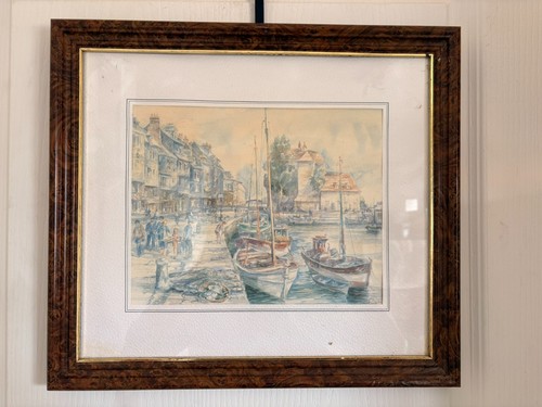 Ancien tableau aquarelle port - tableau,