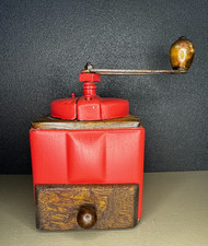 Antique Red Coffee Grinder Sheet Metal & Wood Crank Drawer, Vintage Kitchen