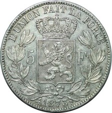R1054 Belgium 5 Francs Leopold II Roi des Belges 1873 Argent -> Make offer