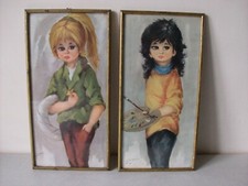 Lot de 2 anciens cadres style Poulbot titi parisien signés sous verre de 40 cm