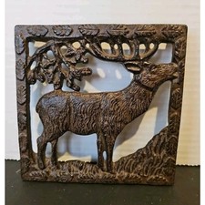 Cast Iron Rustic Bull Elk By Tree Branches Decorative Table Trivet Brown 6"×6"