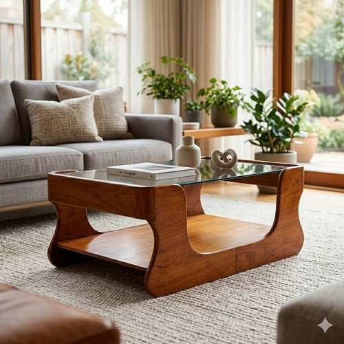 Table basse vintage teck verre - vintage,