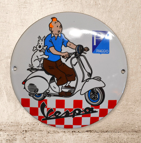 Plaque émaillée tintin vespa - plaque,