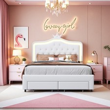 Lit rembourré 140x200 cm lit double pour Fille avec LED et Tiroirs de Rangement