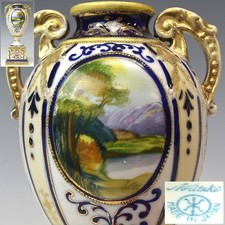 Vase céramique Noritake peint à la main paysage japonais ancien H7,1 pouces