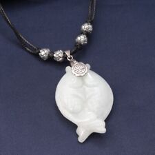 B35 Light Jade Fish Pendant Black Rope Necklace 925 Sterling Silver